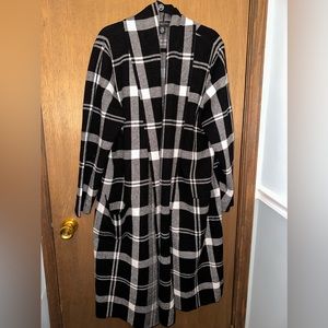 Women’s black and white plaid sweater jacket, long.